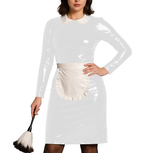Womens Party Cosplay Maid Uniform Wetlook PVC Leather Long Sleeve Bodycon Maid Dress with Apron Festival Role Play Costumes