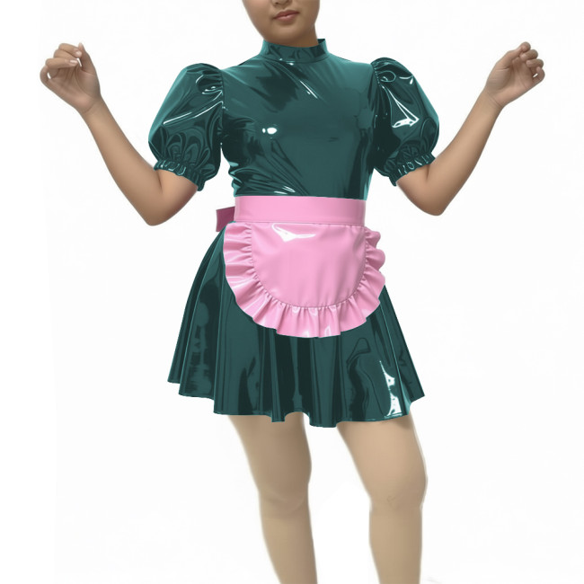 New Sissy PVC Puff Short Sleeve Maid Dress Outfits Wetlook Sissy Cosplay High Neck Maid Set Halloween Carnival Party Costume