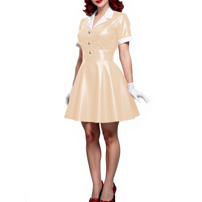 Wet Look Patent Leather A-line Mini Dress Turn-down Collar Short Sleeve Button Up Pleated Short Dress PVC Shiny Vestido Clubwear