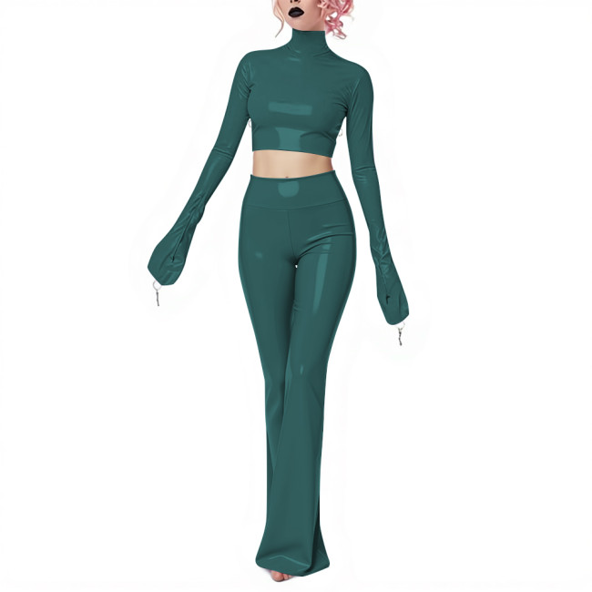 Fetish Gothic Latex-look Pants Set Vinyl PVC Leather Club 2 Piece Outfits Full Sleeve Slim Crop Top High Waist Long Flared Pant