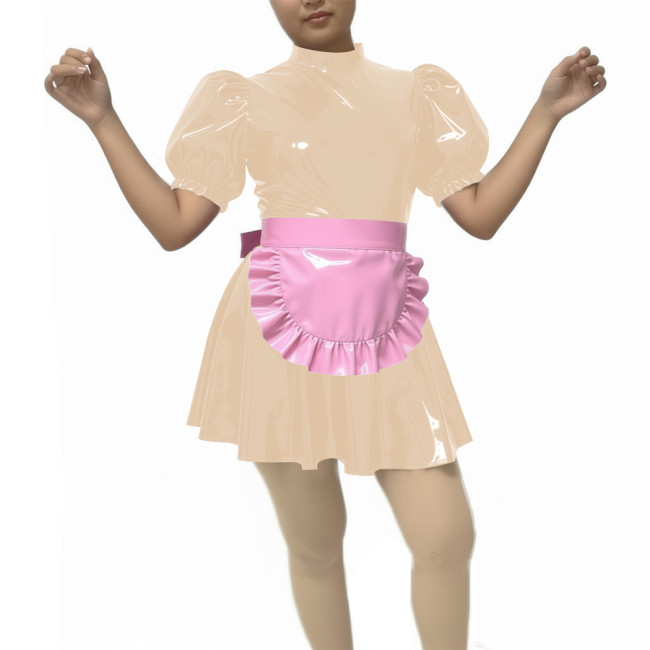 New Sissy PVC Puff Short Sleeve Maid Dress Outfits Wetlook Sissy Cosplay High Neck Maid Set Halloween Carnival Party Costume