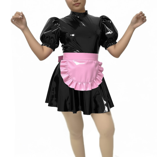 New Sissy PVC Puff Short Sleeve Maid Dress Outfits Wetlook Sissy Cosplay High Neck Maid Set Halloween Carnival Party Costume