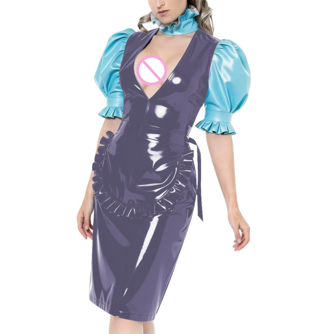 Puff Short-Sleeved Elegant Maid Dress Sexy Party Shiny PVC Women V-neck Colorblock Bodycon Maid Dress with Apron Cosplay Outfits