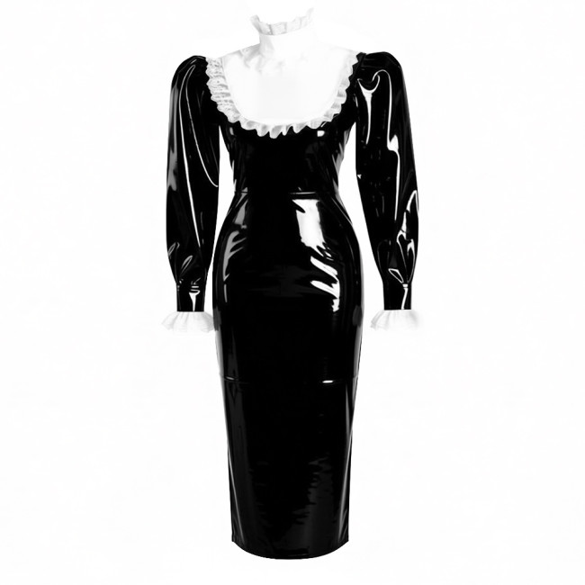 Ruffles Lace High Neck Lolita Long Pencil Dress With Lock Elegant Women Puff Long Sleeve PVC Shiny Leather Slim Party Dresses