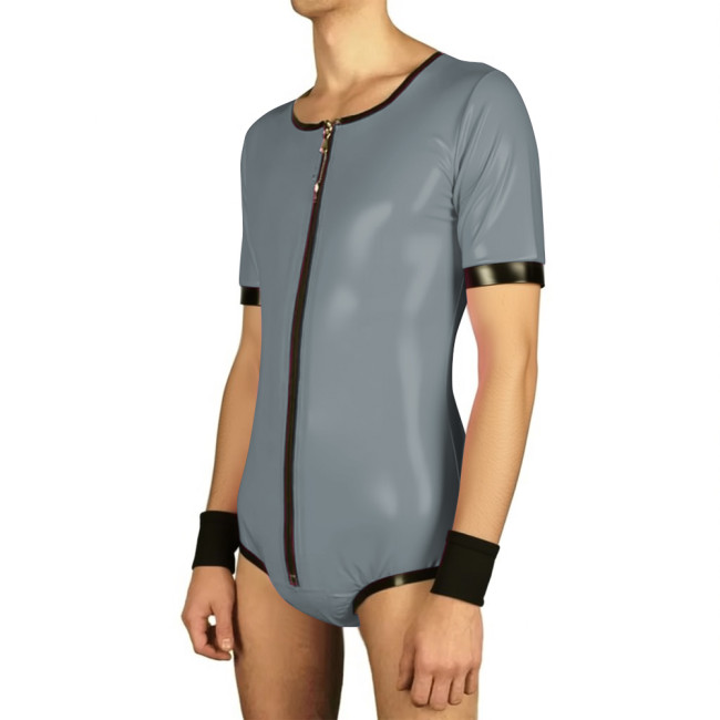 Mens Short Sleeve Lockable Leotard Wetlook Cosplay Bodysuit Vinyl PVC Leather Undershirt Rompers Male Clubwear Zipper Slim Tops