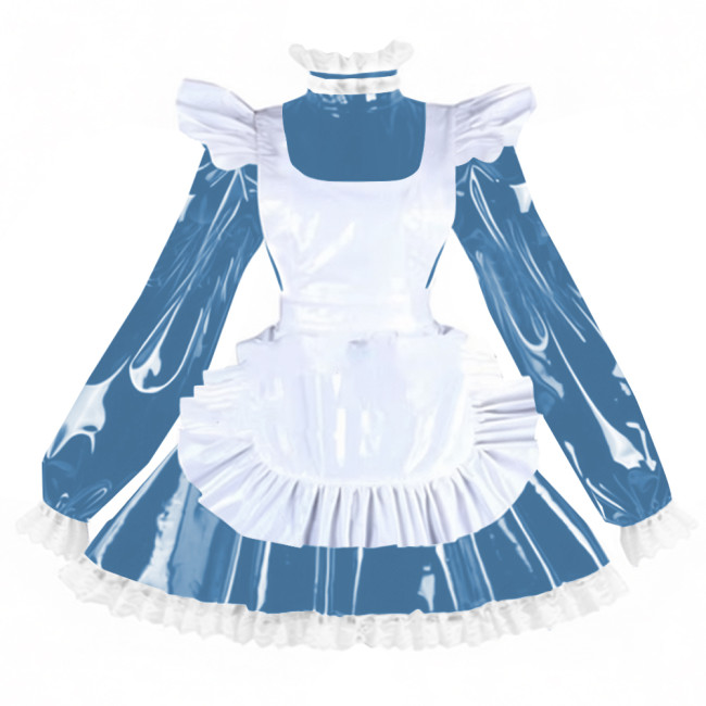 Sissy PVC Shiny Leather Maid Servant Uniform Lockable A-line Ruffles Lace Cosplay Maid Dress with Apron Halloween Party Outfits
