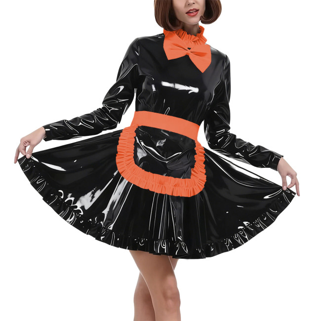 Elegant Bow Maid Uniforms Lockable Glossy PVC Leather Long Sleeve Maid Dresses with Apron Crossdresser Role Play Maid Costume