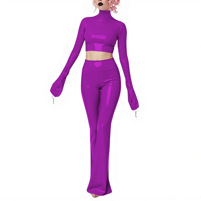 Fetish Gothic Latex-look Pants Set Vinyl PVC Leather Club 2 Piece Outfits Full Sleeve Slim Crop Top High Waist Long Flared Pant