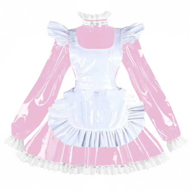 Sissy PVC Shiny Leather Maid Servant Uniform Lockable A-line Ruffles Lace Cosplay Maid Dress with Apron Halloween Party Outfits