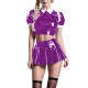 Womens Glossy Turn-down Collar Crop Tops with Pleated Mini Skirt PVC Vinyl Leather Dress Outfits Raves Party Dance Two Piece Set