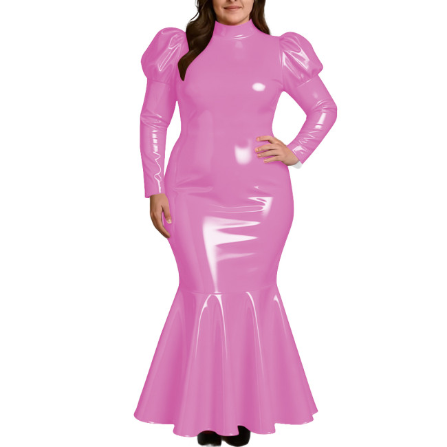 Plus Size Elegant High Neck Long Mermaid Dress for Womens Glossy PVC Leather Ruffles Slim Fit Dress Coctail Party Club Vestidos