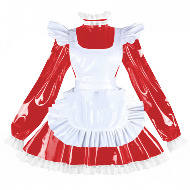 Sissy PVC Shiny Leather Maid Servant Uniform Lockable A-line Ruffles Lace Cosplay Maid Dress with Apron Halloween Party Outfits