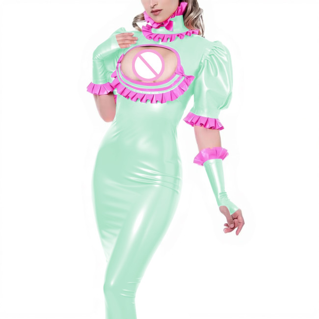 Sexy Ladies Wet Look Bodycon Long Dress Cocktail PVC Shiny Leather Hollow Tight Dress Puff Short Sleeve Ruffles Collar Clubwear