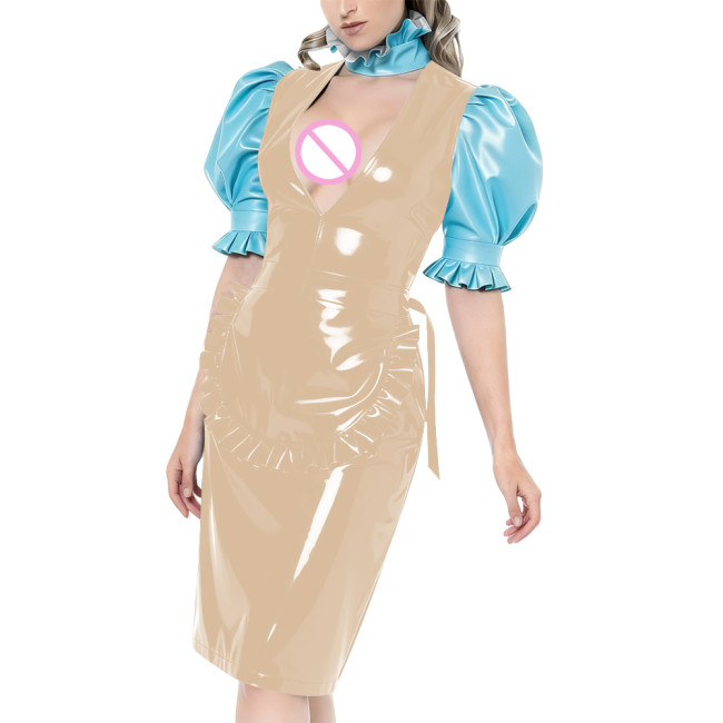 Puff Short-Sleeved Elegant Maid Dress Sexy Party Shiny PVC Women V-neck Colorblock Bodycon Maid Dress with Apron Cosplay Outfits