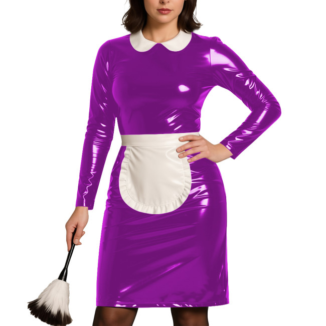 Womens Party Cosplay Maid Uniform Wetlook PVC Leather Long Sleeve Bodycon Maid Dress with Apron Festival Role Play Costumes
