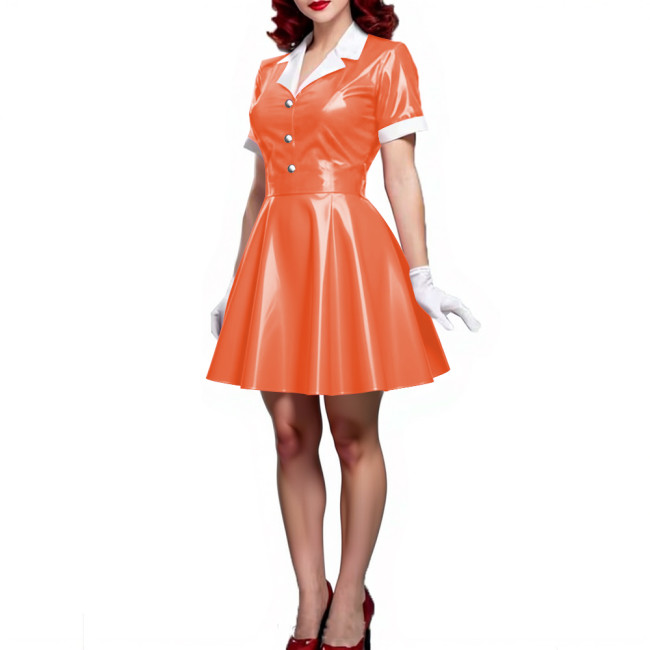 Wet Look Patent Leather A-line Mini Dress Turn-down Collar Short Sleeve Button Up Pleated Short Dress PVC Shiny Vestido Clubwear