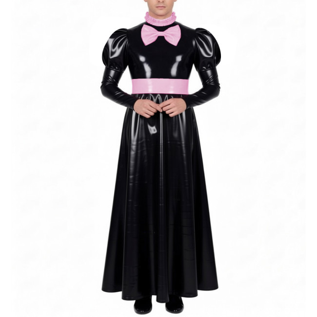 Mens Sissy Crossdress Long Maid Dresses with Lock Lolita Bow Vinyl PVC Leather Maid Dress Outfits Party Servant Cosplay Costume