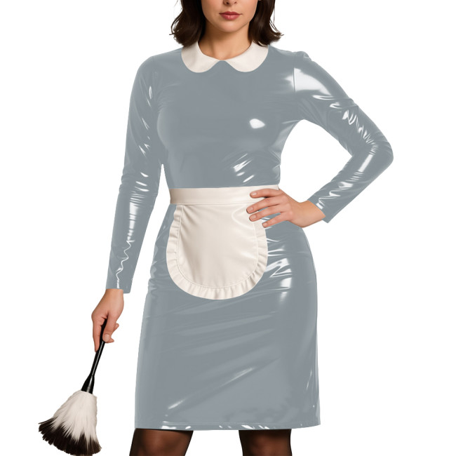 Womens Party Cosplay Maid Uniform Wetlook PVC Leather Long Sleeve Bodycon Maid Dress with Apron Festival Role Play Costumes