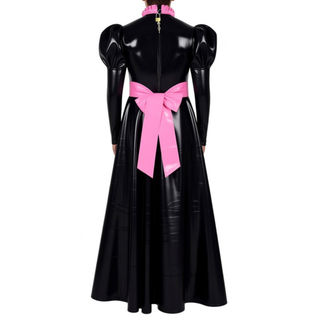 Mens Sissy Crossdress Long Maid Dresses with Lock Lolita Bow Vinyl PVC Leather Maid Dress Outfits Party Servant Cosplay Costume