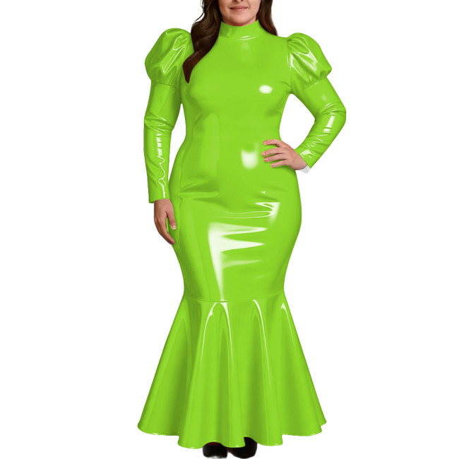 Plus Size Elegant High Neck Long Mermaid Dress for Womens Glossy PVC Leather Ruffles Slim Fit Dress Coctail Party Club Vestidos