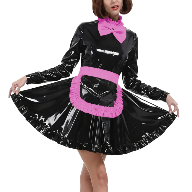 Elegant Bow Maid Uniforms Lockable Glossy PVC Leather Long Sleeve Maid Dresses with Apron Crossdresser Role Play Maid Costume