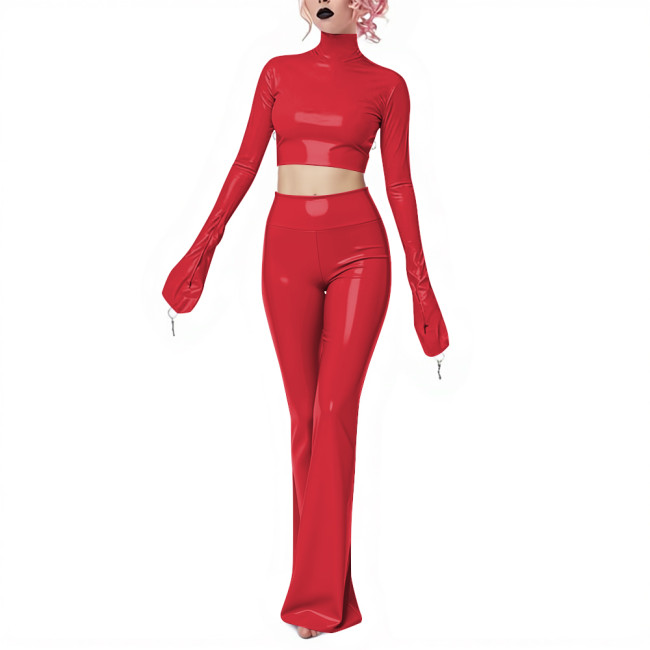 Fetish Gothic Latex-look Pants Set Vinyl PVC Leather Club 2 Piece Outfits Full Sleeve Slim Crop Top High Waist Long Flared Pant