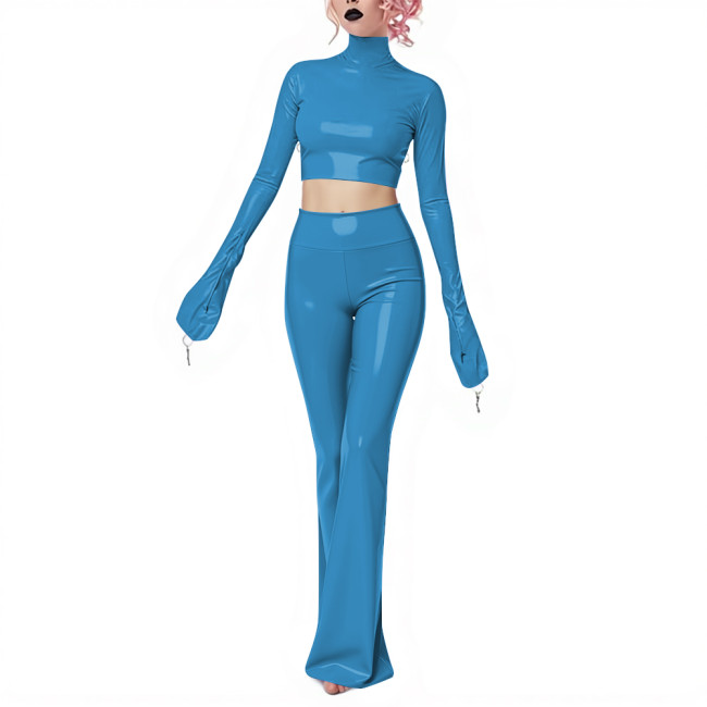 Fetish Gothic Latex-look Pants Set Vinyl PVC Leather Club 2 Piece Outfits Full Sleeve Slim Crop Top High Waist Long Flared Pant