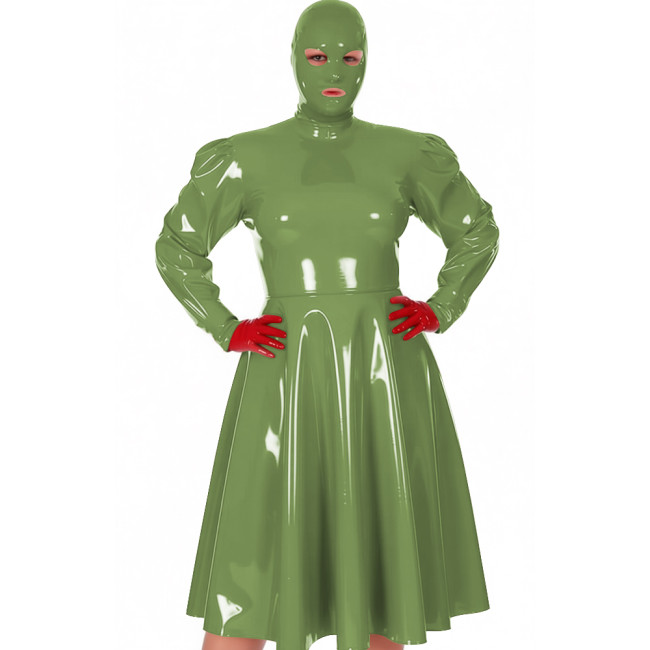 Plus Size Exotic Midi Masked Dress Women's Chic Long Sleeve Pleated A-line Dress Vinyl PVC Leather Nightclub Party Hooded Dress