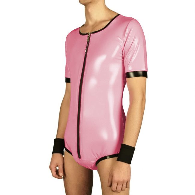 Mens Short Sleeve Lockable Leotard Wetlook Cosplay Bodysuit Vinyl PVC Leather Undershirt Rompers Male Clubwear Zipper Slim Tops