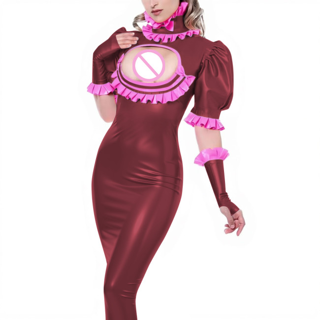Sexy Ladies Wet Look Bodycon Long Dress Cocktail PVC Shiny Leather Hollow Tight Dress Puff Short Sleeve Ruffles Collar Clubwear