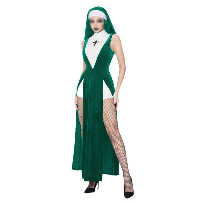 Carnival Cosplay Nun Dress Outfits Sexy High Slit Sleeveless Long Dress with Nun Veil Sexy Women's Halloween Party Costume 7XL