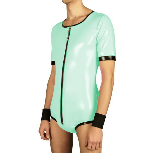 Mens Short Sleeve Lockable Leotard Wetlook Cosplay Bodysuit Vinyl PVC Leather Undershirt Rompers Male Clubwear Zipper Slim Tops