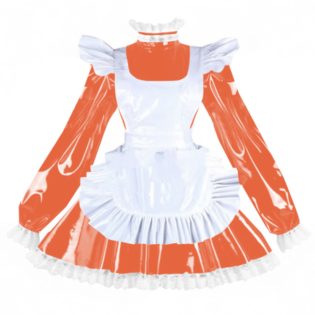 Sissy PVC Shiny Leather Maid Servant Uniform Lockable A-line Ruffles Lace Cosplay Maid Dress with Apron Halloween Party Outfits