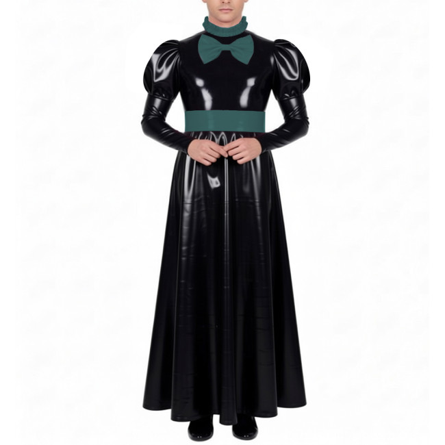 Mens Sissy Crossdress Long Maid Dresses with Lock Lolita Bow Vinyl PVC Leather Maid Dress Outfits Party Servant Cosplay Costume