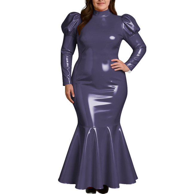 Plus Size Elegant High Neck Long Mermaid Dress for Womens Glossy PVC Leather Ruffles Slim Fit Dress Coctail Party Club Vestidos