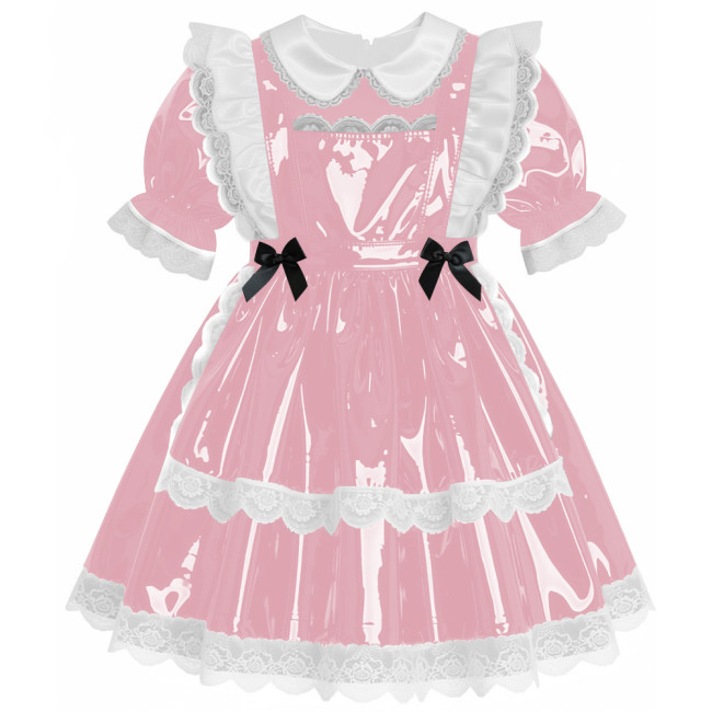 Sweet Preppy Glossy Lace Trims A-line Maid Dress Lockable PVC Leather Mini Dress with Apron Sissy Party Role Play Maid Uniform