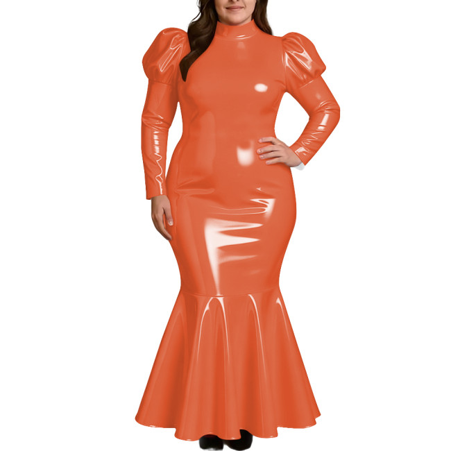 Plus Size Elegant High Neck Long Mermaid Dress for Womens Glossy PVC Leather Ruffles Slim Fit Dress Coctail Party Club Vestidos