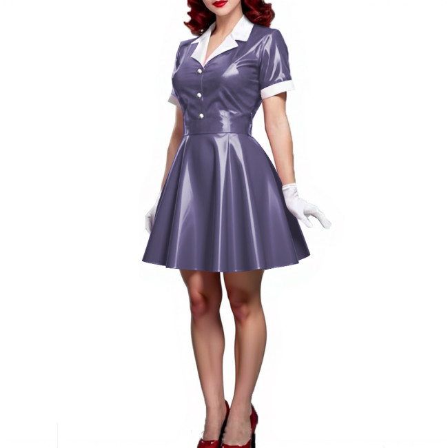 Wet Look Patent Leather A-line Mini Dress Turn-down Collar Short Sleeve Button Up Pleated Short Dress PVC Shiny Vestido Clubwear