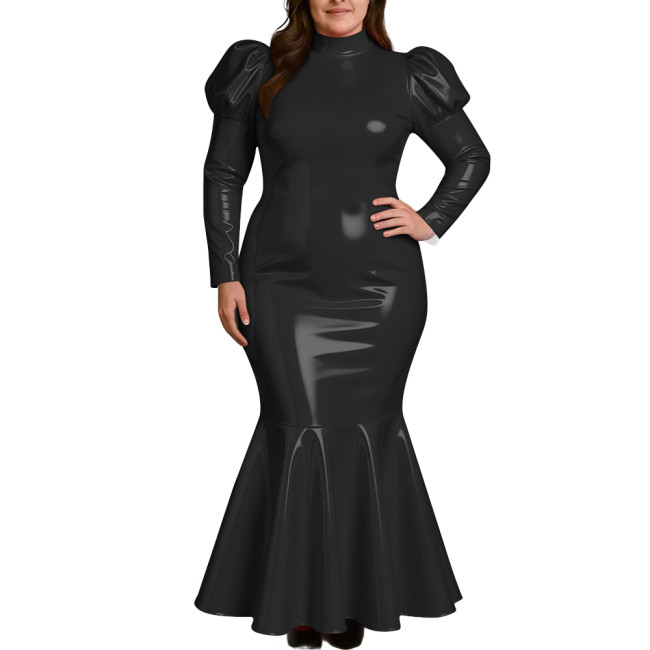 Plus Size Elegant High Neck Long Mermaid Dress for Womens Glossy PVC Leather Ruffles Slim Fit Dress Coctail Party Club Vestidos