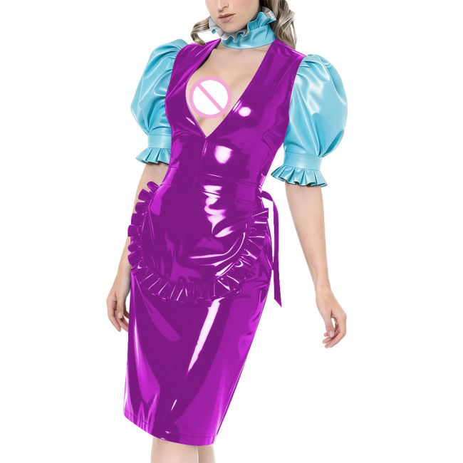 Puff Short-Sleeved Elegant Maid Dress Sexy Party Shiny PVC Women V-neck Colorblock Bodycon Maid Dress with Apron Cosplay Outfits