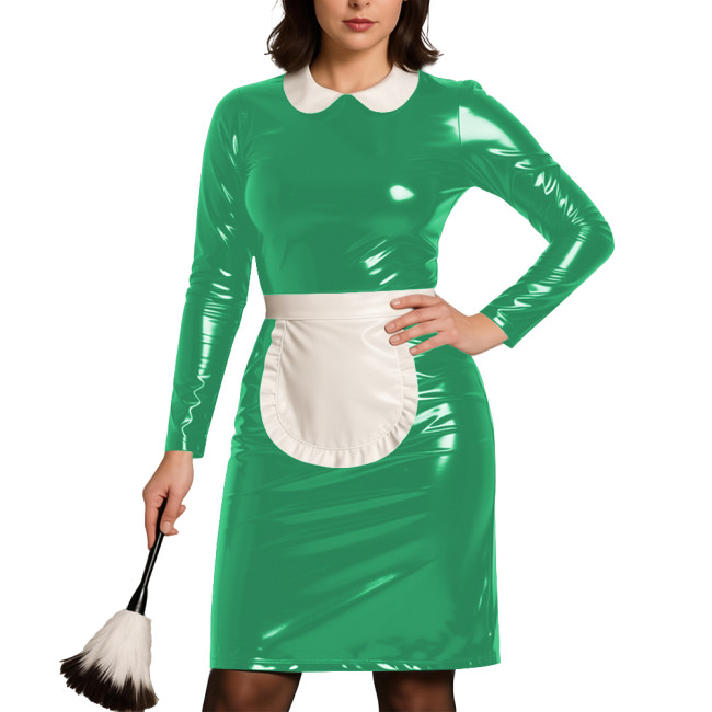 Womens Party Cosplay Maid Uniform Wetlook PVC Leather Long Sleeve Bodycon Maid Dress with Apron Festival Role Play Costumes