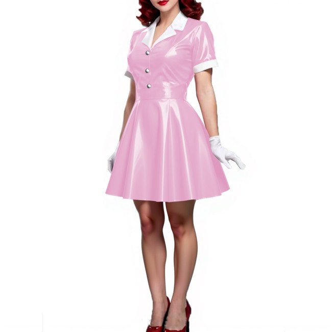 Wet Look Patent Leather A-line Mini Dress Turn-down Collar Short Sleeve Button Up Pleated Short Dress PVC Shiny Vestido Clubwear