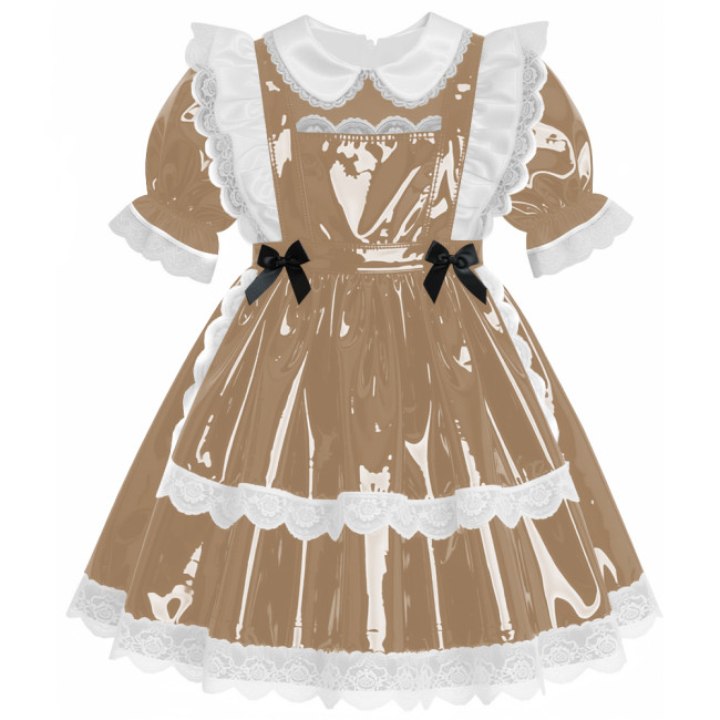 Sweet Preppy Glossy Lace Trims A-line Maid Dress Lockable PVC Leather Mini Dress with Apron Sissy Party Role Play Maid Uniform