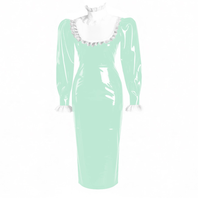 Ruffles Lace High Neck Lolita Long Pencil Dress With Lock Elegant Women Puff Long Sleeve PVC Shiny Leather Slim Party Dresses