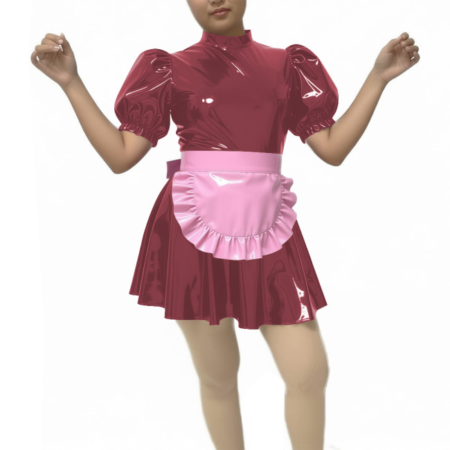 New Sissy PVC Puff Short Sleeve Maid Dress Outfits Wetlook Sissy Cosplay High Neck Maid Set Halloween Carnival Party Costume