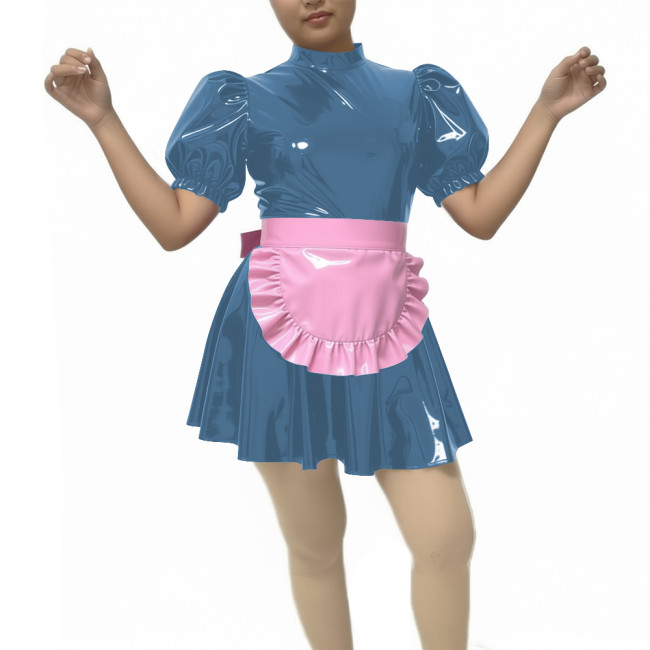 New Sissy PVC Puff Short Sleeve Maid Dress Outfits Wetlook Sissy Cosplay High Neck Maid Set Halloween Carnival Party Costume