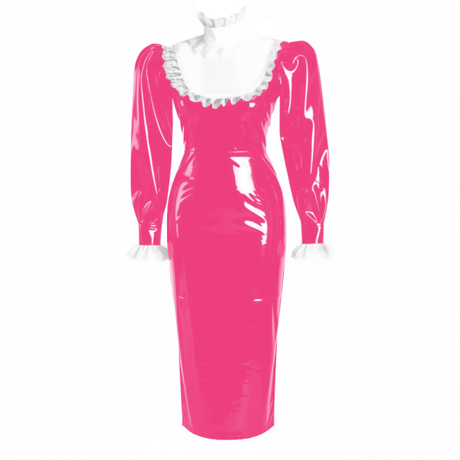 Ruffles Lace High Neck Lolita Long Pencil Dress With Lock Elegant Women Puff Long Sleeve PVC Shiny Leather Slim Party Dresses