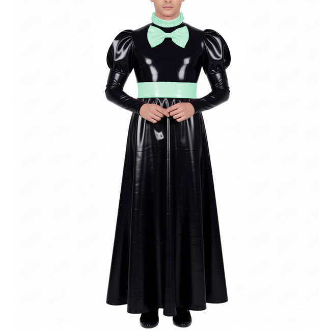 Mens Sissy Crossdress Long Maid Dresses with Lock Lolita Bow Vinyl PVC Leather Maid Dress Outfits Party Servant Cosplay Costume