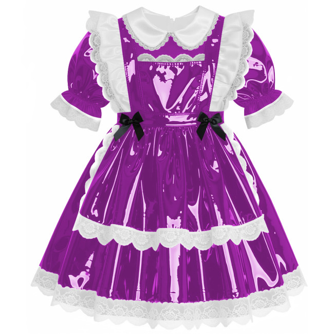 Sweet Preppy Glossy Lace Trims A-line Maid Dress Lockable PVC Leather Mini Dress with Apron Sissy Party Role Play Maid Uniform
