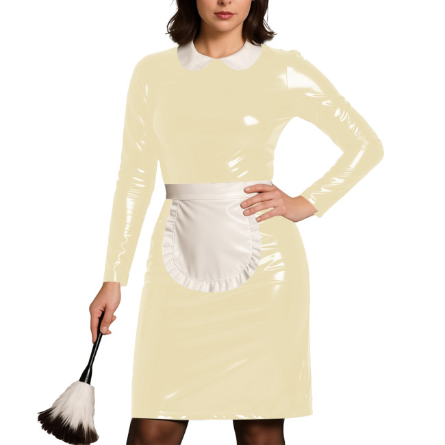 Womens Party Cosplay Maid Uniform Wetlook PVC Leather Long Sleeve Bodycon Maid Dress with Apron Festival Role Play Costumes